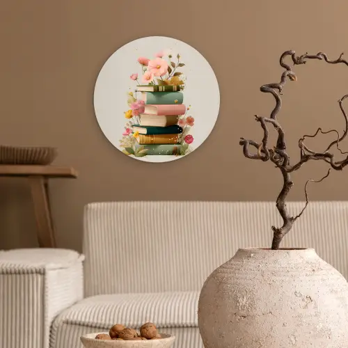Boeken - Stapel - Bloemen - Kleurrijk Wandcirkel plexiglas klein -sfeer1