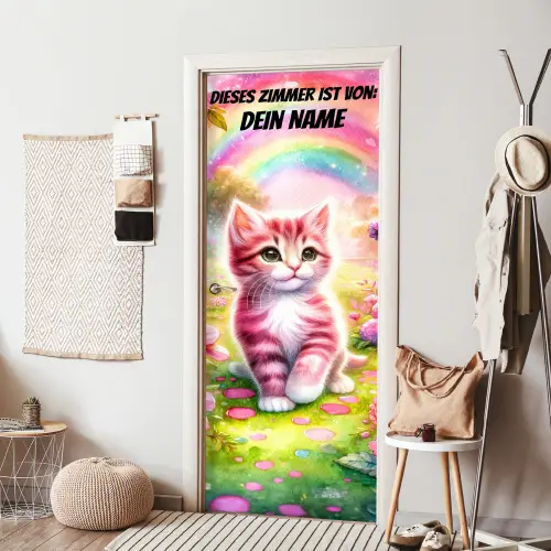Buntes Kätzchen unter Regenbogen im Garten. deurposter klein -sfeer6