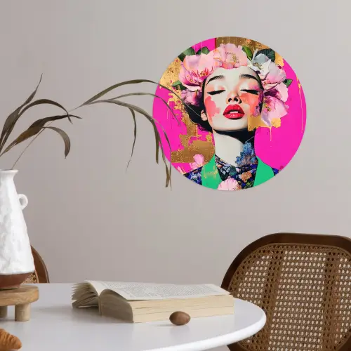 Bloemenkroon - Goud - Vrouw - Portret Wandcirkel behangsticker klein -sfeer3