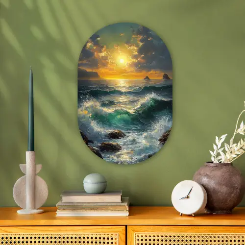 Zee - Zon - Golven - Rotsen Wandcirkel Ovaal Forex klein -sfeer2