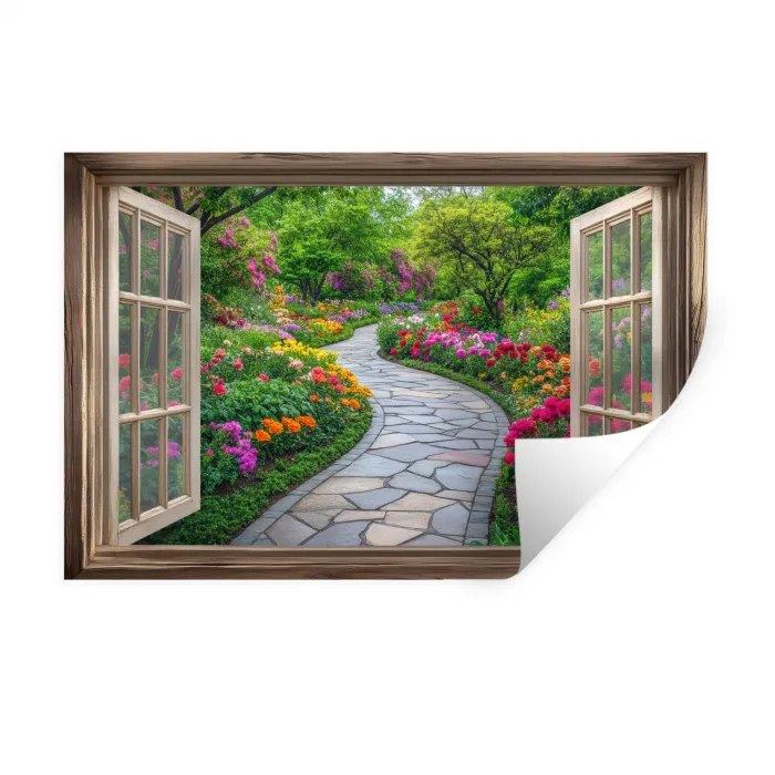 Doorkijk - Bloemen - Tuinpad - Natuur - Raam Muursticker klein -3d