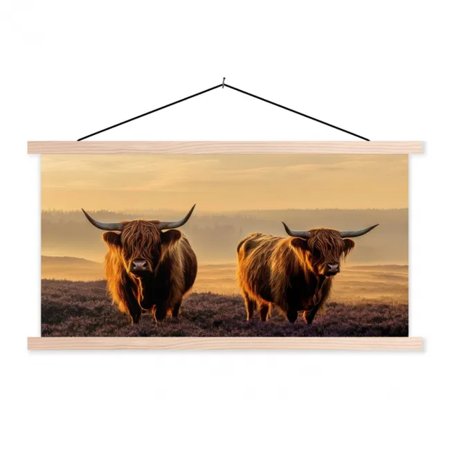 Schotse hooglanders - Heide - Landschap - Dieren textielposter latten blank klein -3d