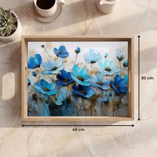 Bloemen - Schilderij - Blauw Dienblad Rechthoek middel -USP_Formaat