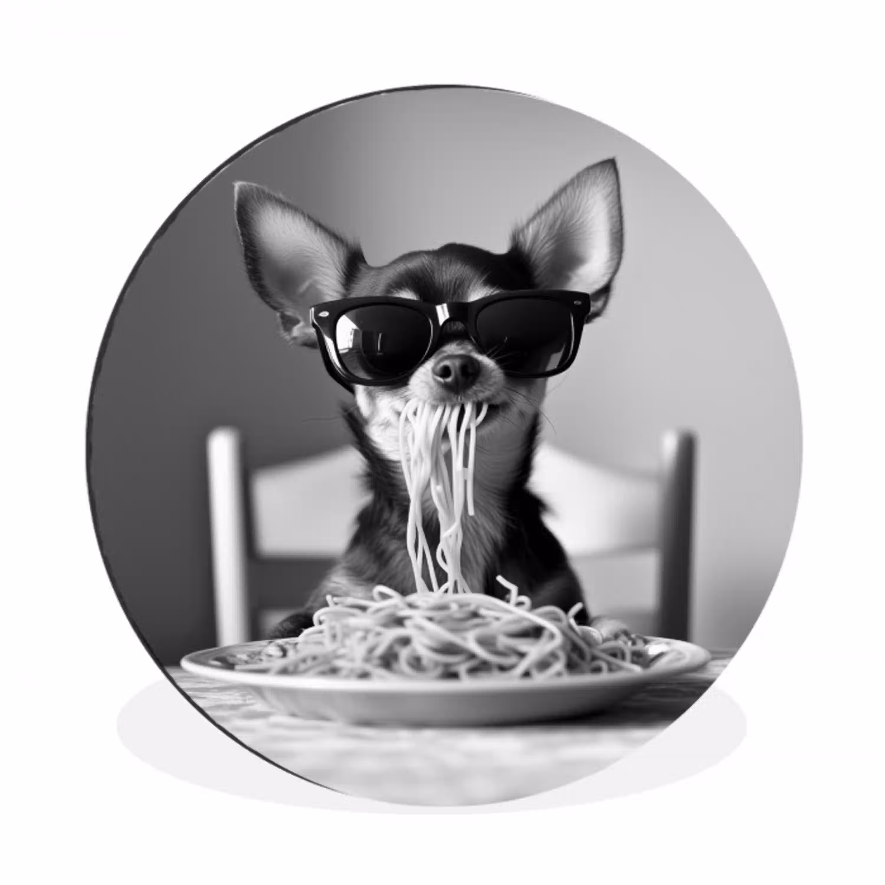 Chihuahua - Hond - Zonnebril - Humoristisch - Zwart - Wit - Spaghetti Wandcirkel aluminium klein -3d