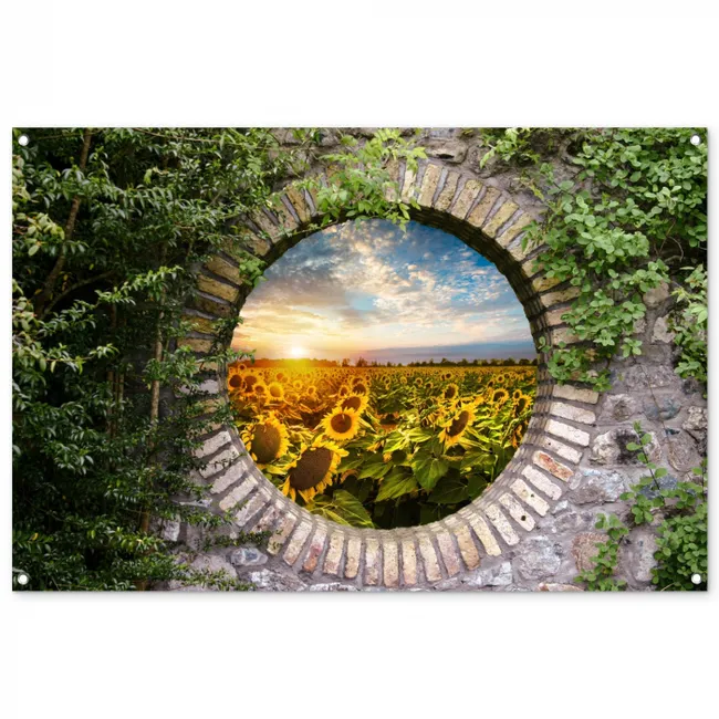 Tuinposter - Ronde poort naar zonnebloemveld