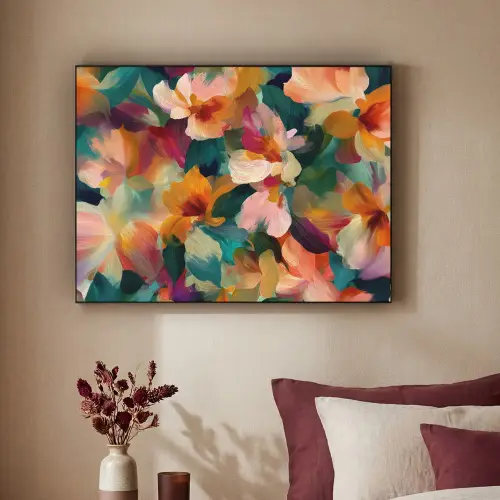 Harmonieus - Abstracte bloemen - Warme tinten Textielframe - compleet frame klein -sfeer1