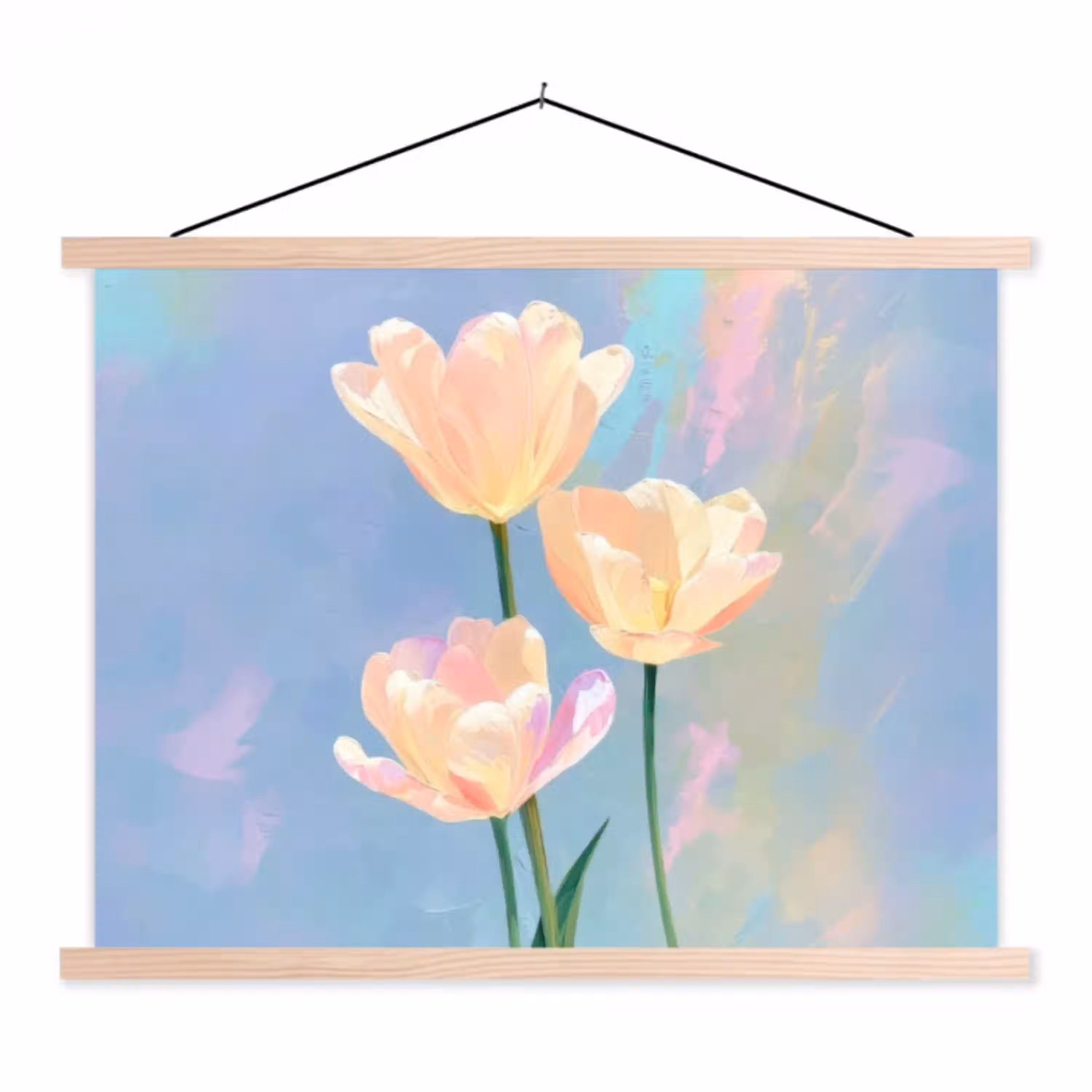 Tulpen - Roze accenten - Blauw textielposter latten blank klein -3d