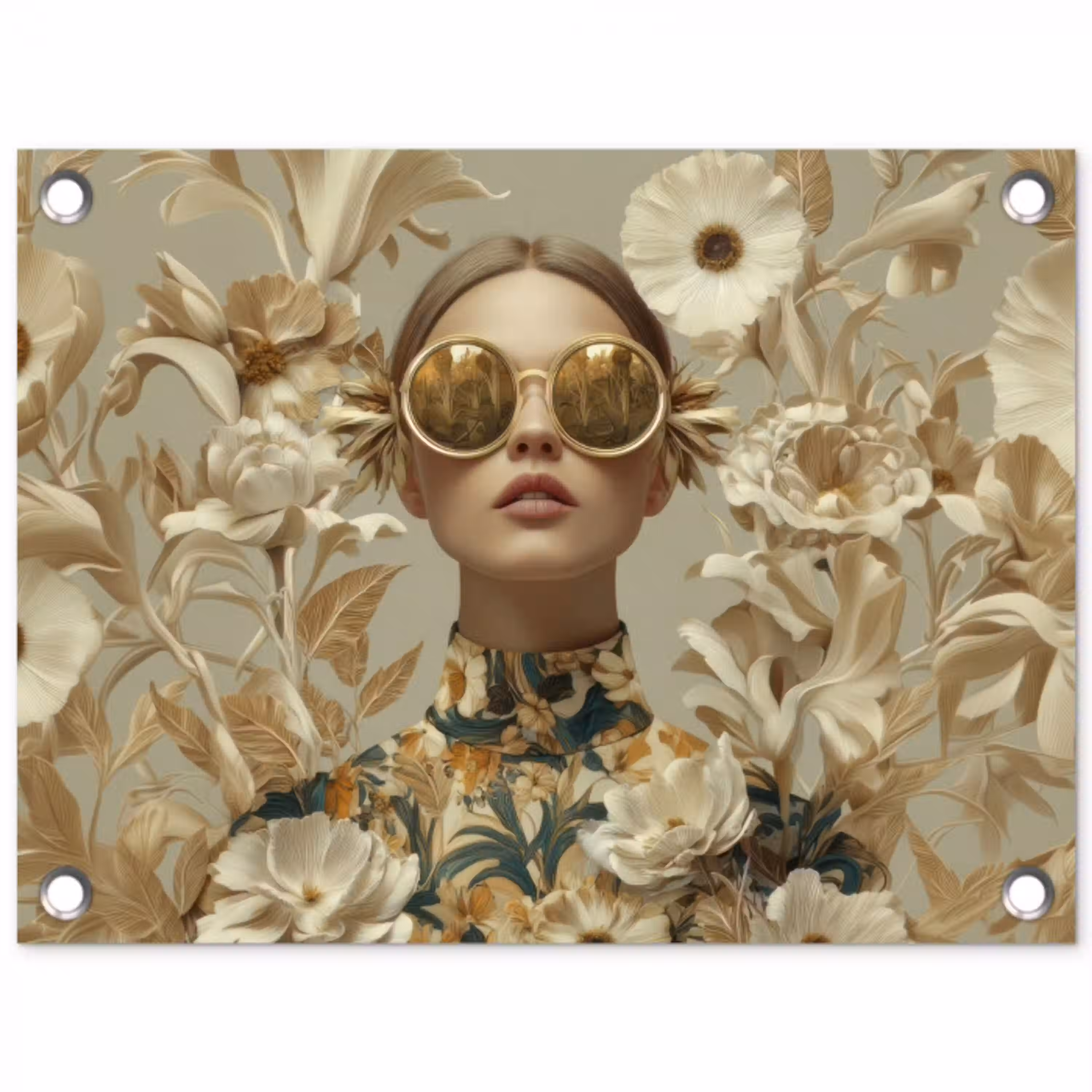 Vrouw - Bloemen - Zonnebril - Wit tuinposter los doek klein -3d