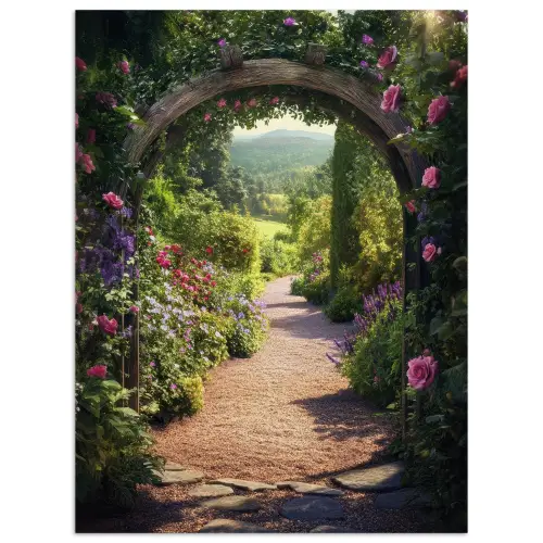 Doorkijk - Bloemen - Natuur - Rozenboog poster papier klein -3d