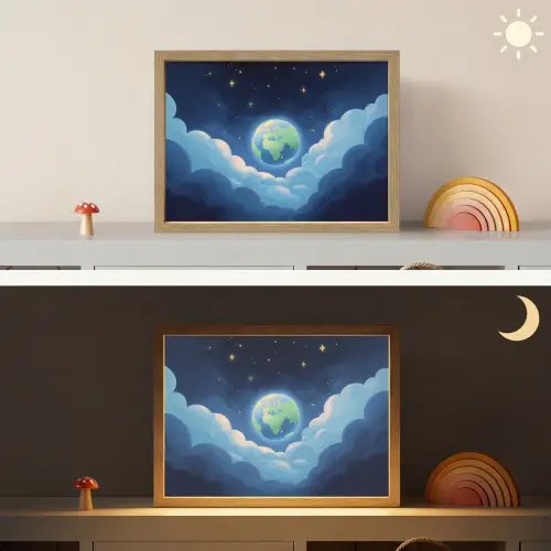 Planeet - Wolken - Sterren - Blauw Light Box met batterij (Wandlamp kind) middel -sfeer3_kind