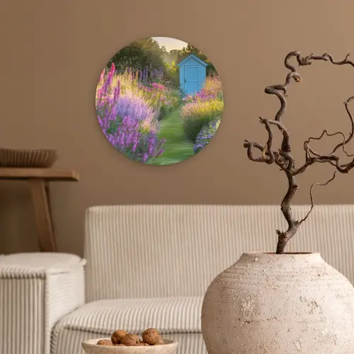 Tuinhuisje - Blauw - Bloemen Wandcirkel kunststof plaat 5mm dik klein -sfeer1