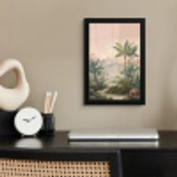 Tropisch landschap - palmbomen - Bloemen - Roze lucht fotolijst zwart zonder passe partout klein -sfeer1