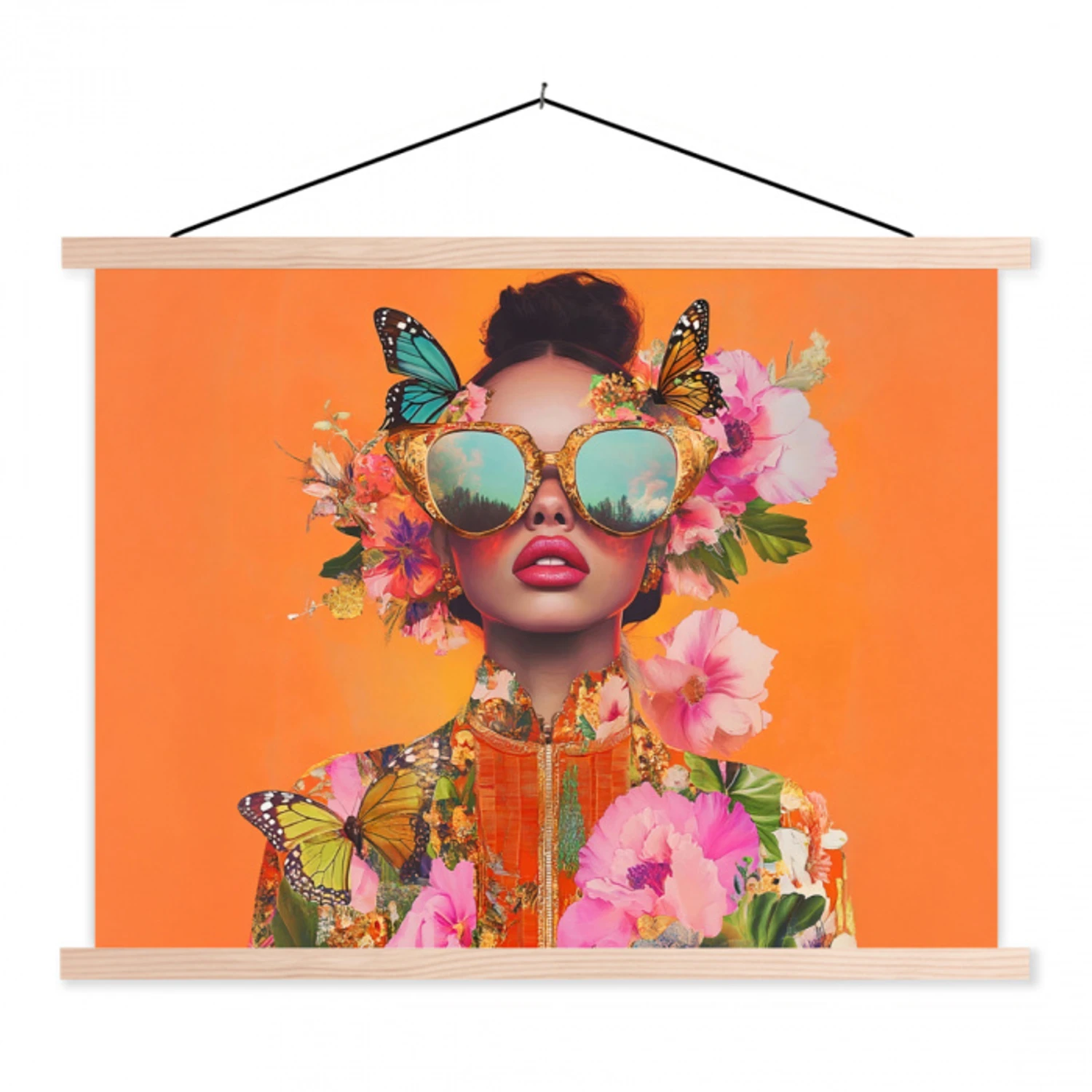 Vlinders - Vrouw - Zonnebril - Kleurrijk textielposter latten blank klein -3d