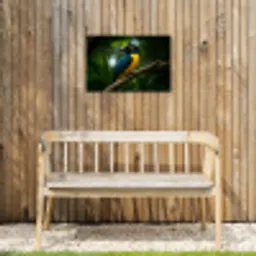 Vogel - Tak - Geel - Bladeren Tuinposter op houten frame 2 cm dik klein -sfeer4