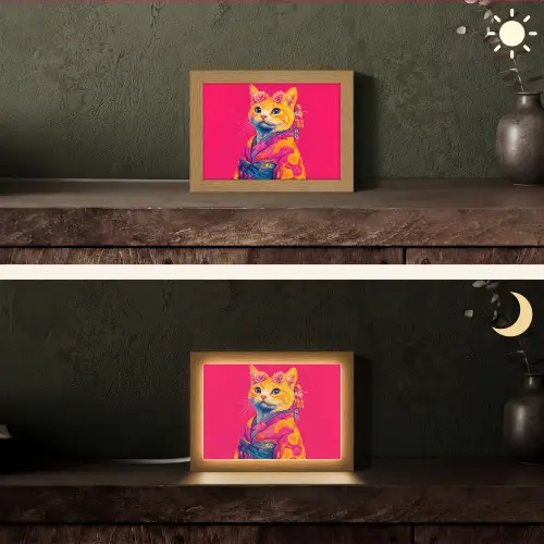 Kat - Kimono - Bloemen - Roze Light Box met kabel (Tafellamp) klein -sfeer3