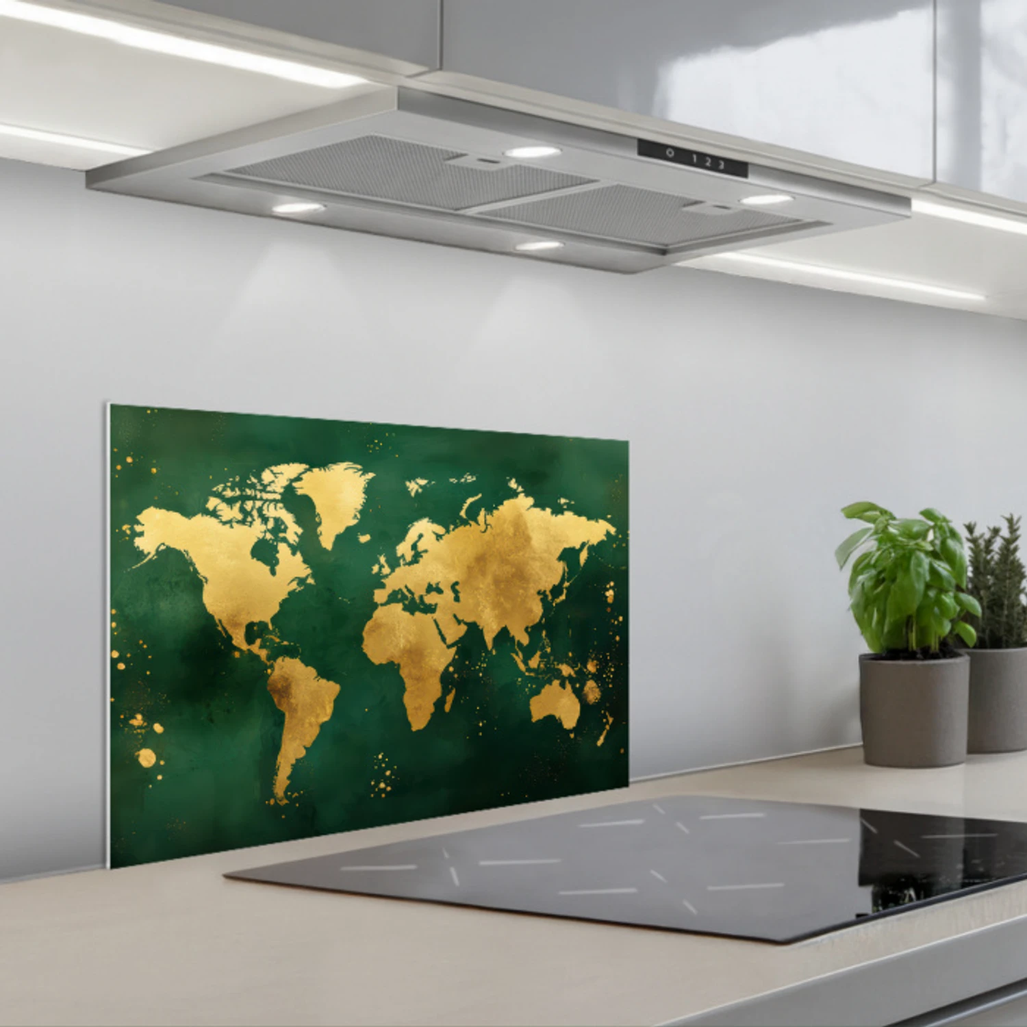 Wereldkaart - Groen - Goud keuken achterwand spatscherm klein -3d_schuin