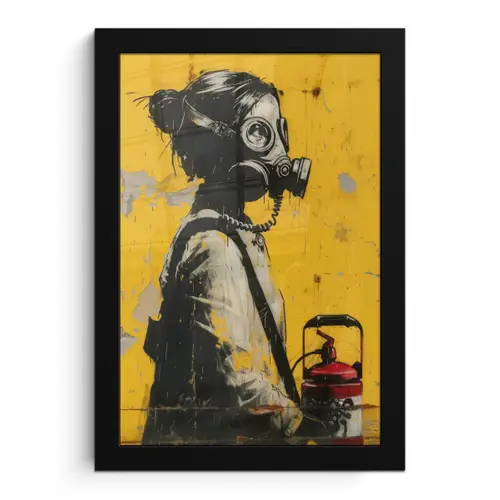 Vintage - Street art - Meisje - Masker - Geel - Banksy fotolijst zwart zonder passe partout klein -3d