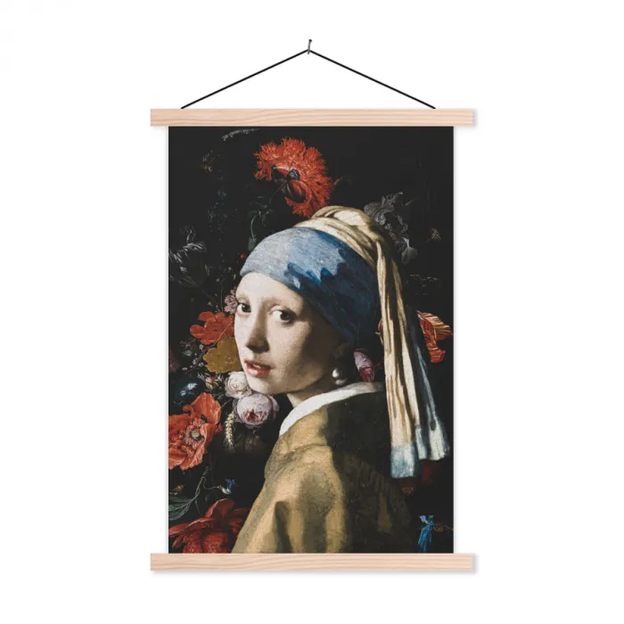 Meisje met de parel - Johannes Vermeer - Bloemen - Rood textielposter latten blank klein -3d