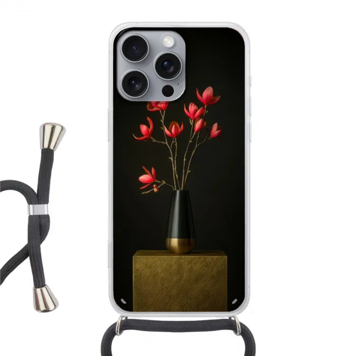 Rode - Bloemen - Vaas Hoesje iPhone 16 Pro Max met koord klein -3d