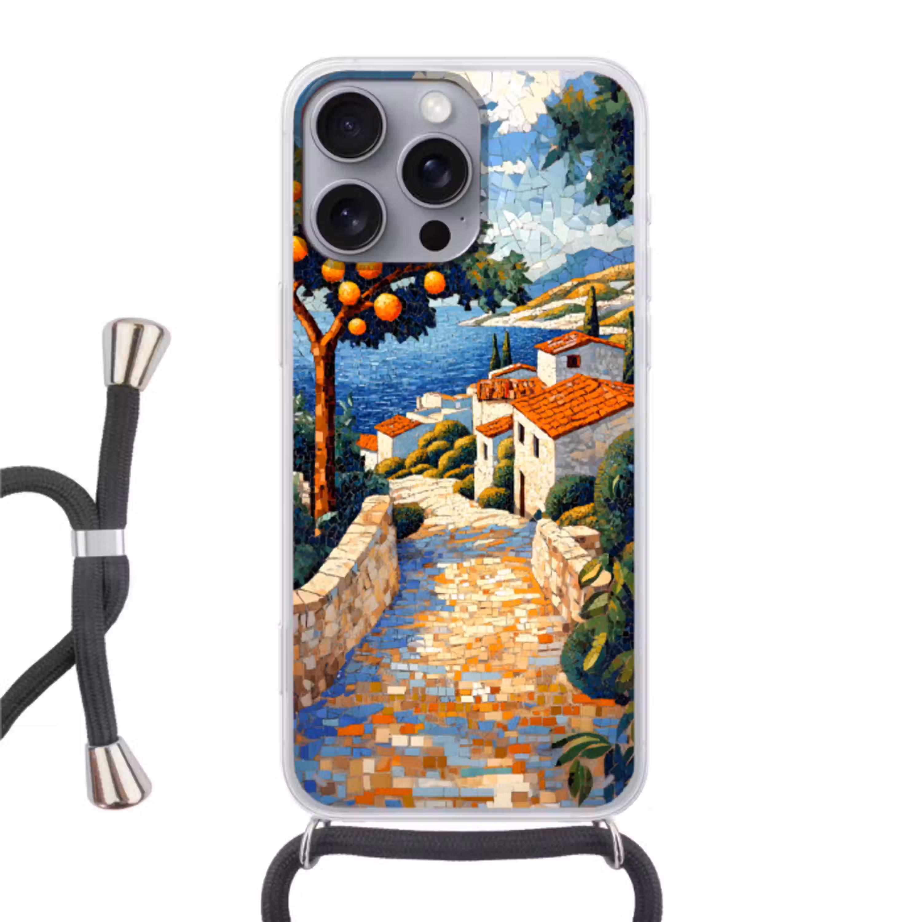 Huizen - Mozaïek - Sinaasappelbomen - Zee Hoesje iPhone 16 Pro Max met koord klein -3d