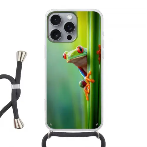 Groene kikker - Nieuwsgierig - Gras Hoesje iPhone 16 Pro Max met koord klein -3d