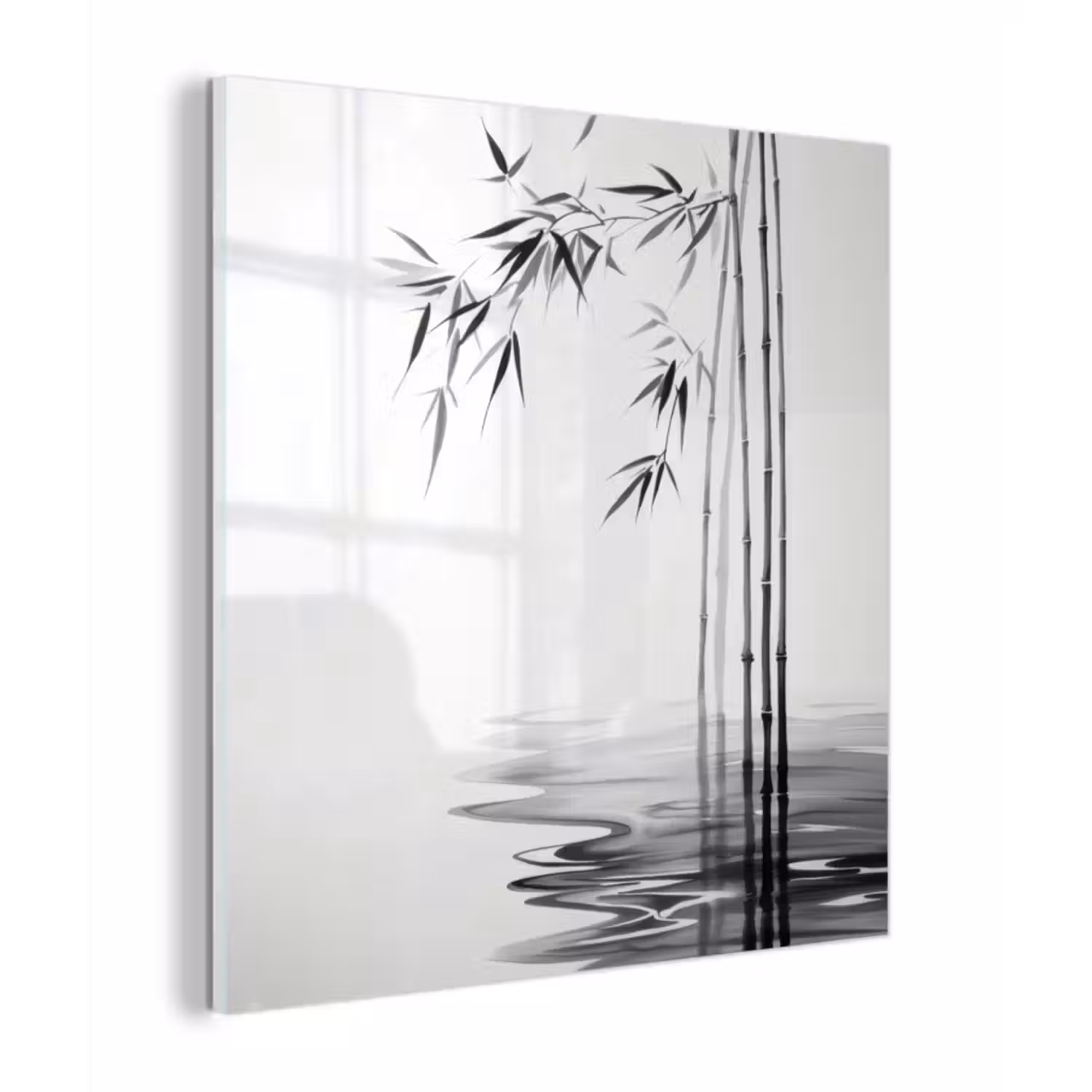 Glas schilderij - Bamboestammen - Water - Minimalistisch - Wit
