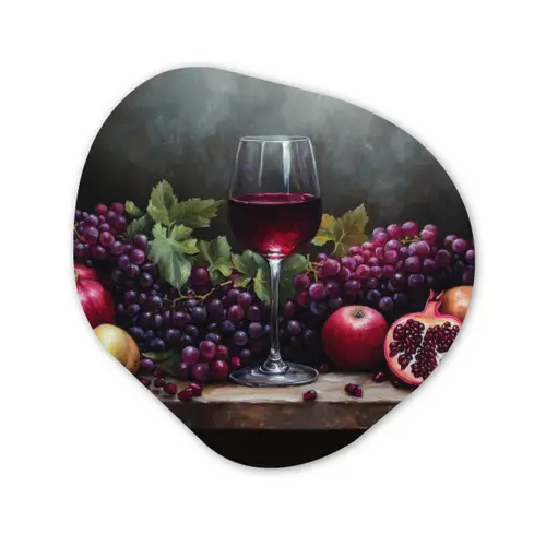 Wijn - Fruit - Stilleven Wandcirkel Organisch Aluminium middel -3d
