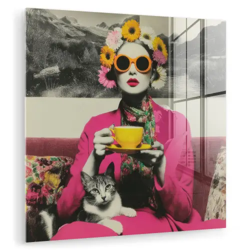 Vrouw - Kat - Bloemen - Kopje - Retro plexiglas 5mm klein -zzzproduct_nieuw