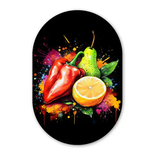 Paprika - Peer - Citroen - Graffiti - Verf - Abstract Wandcirkel Ovaal Glas middel -3d