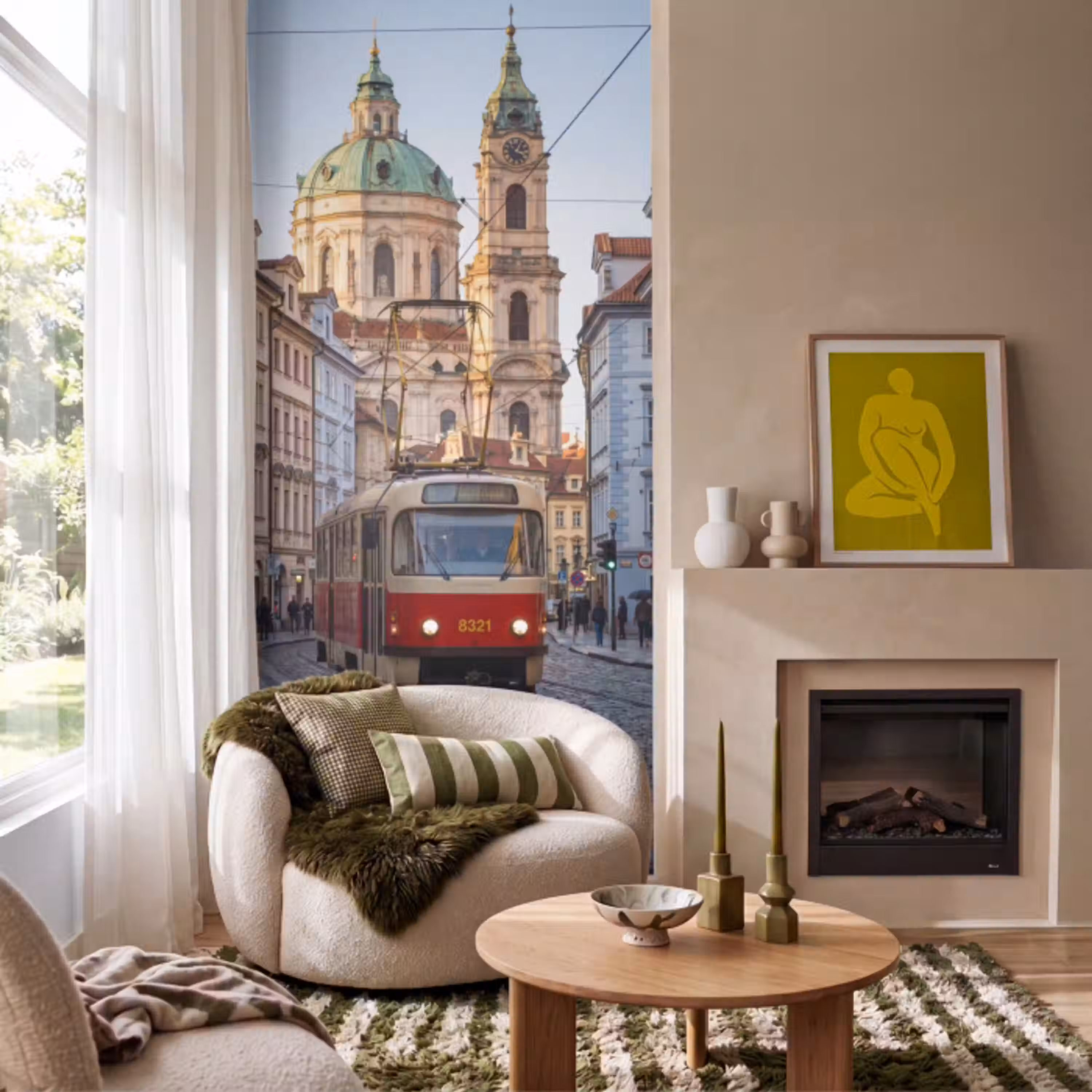 Tram - Straat - Stadsgezicht - Klassiek - Rood Behang Vlies klein -sfeer2