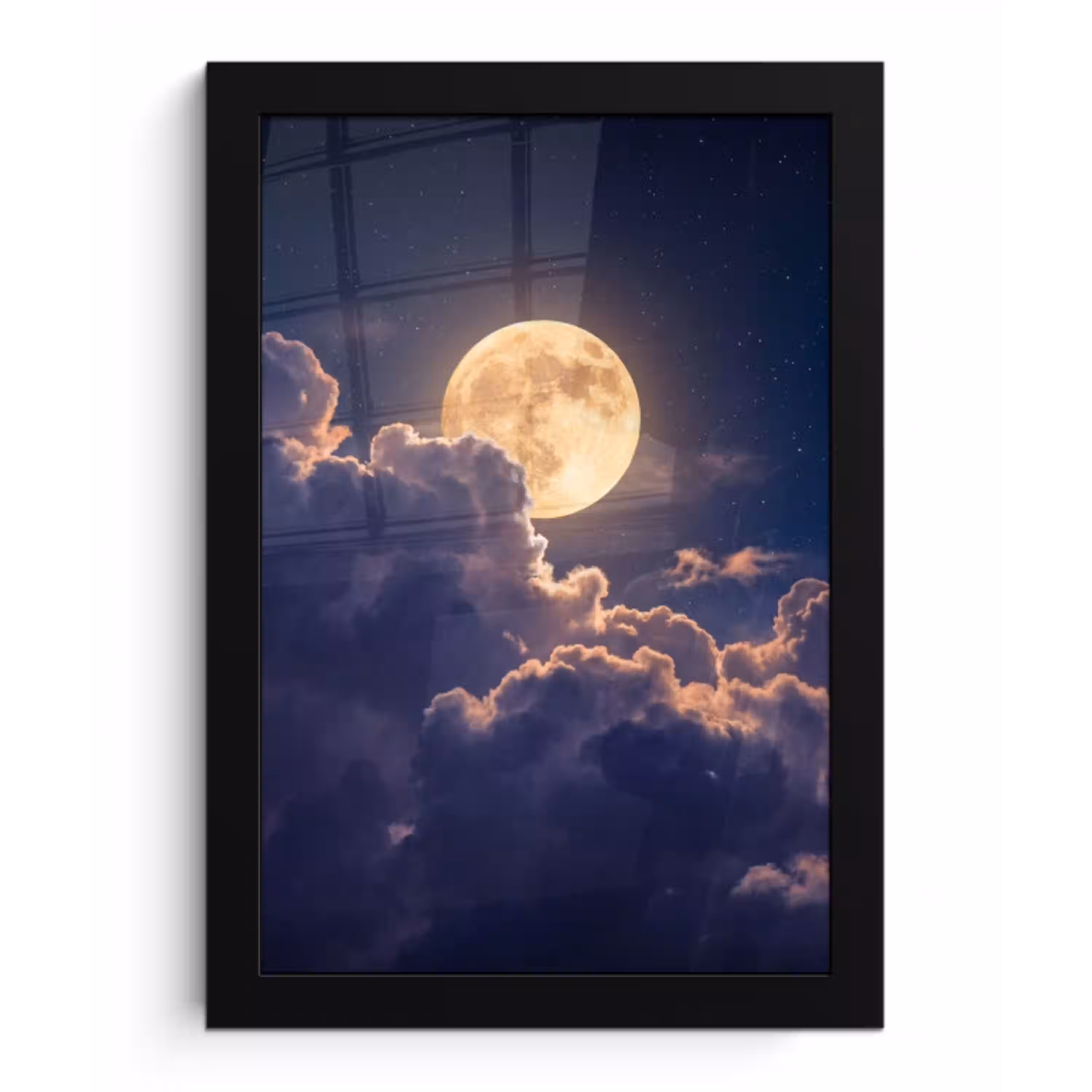 Maan - Wolken - Nacht - Oranje fotolijst zwart zonder passe partout klein -3d