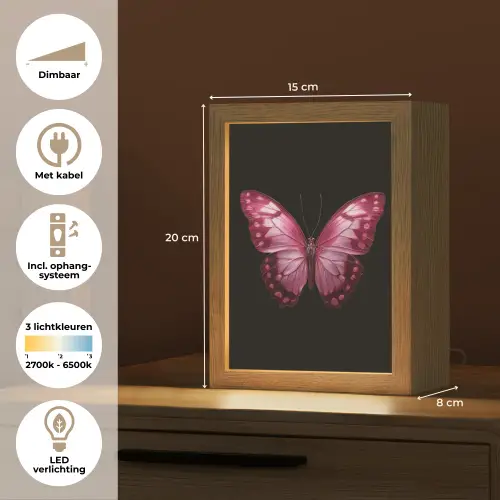 Vlinder - Fuchsia - Grafisch Light Box met kabel (Tafellamp) klein -USP_NL