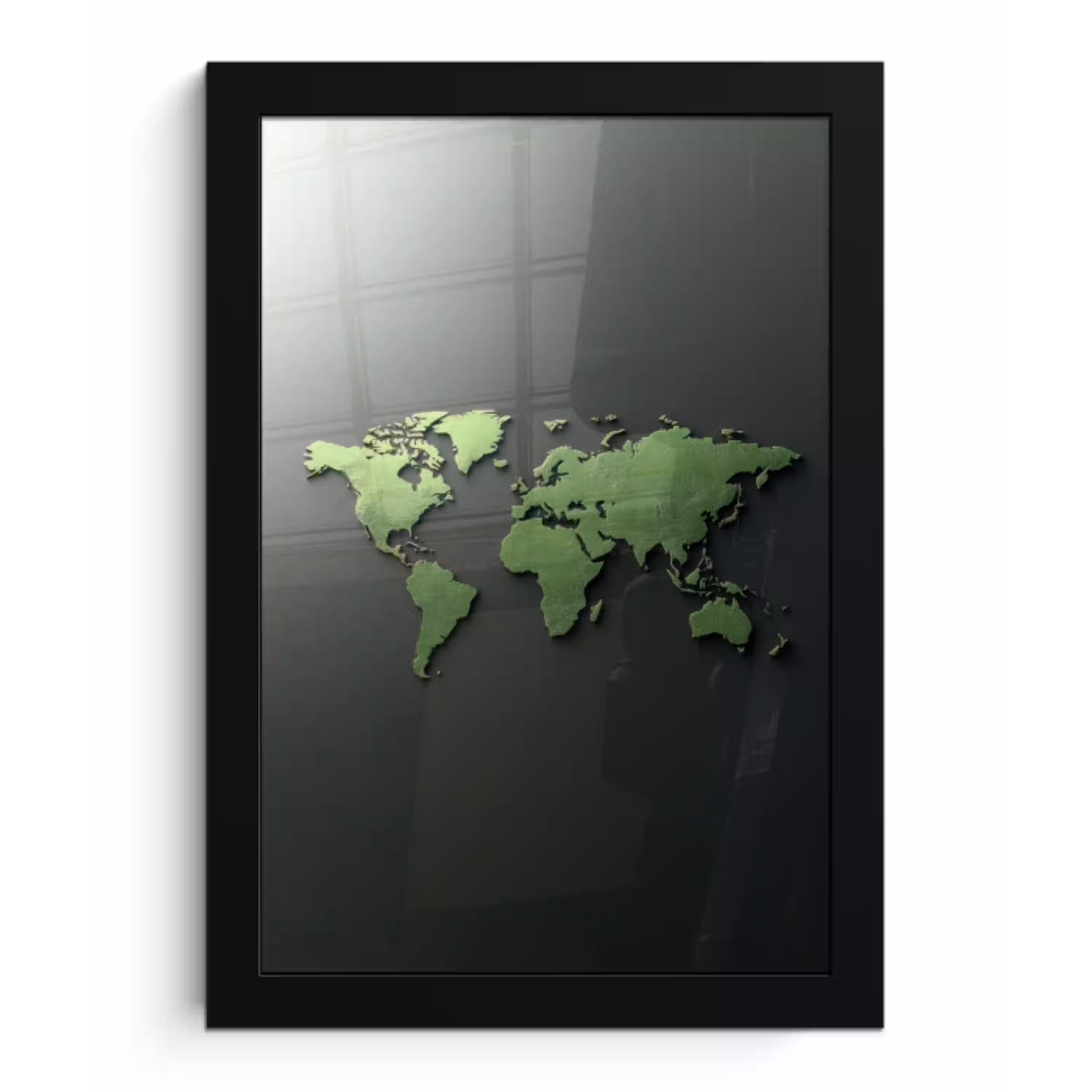 Leer - Groen - Wereldkaart fotolijst zwart zonder passe partout klein -3d