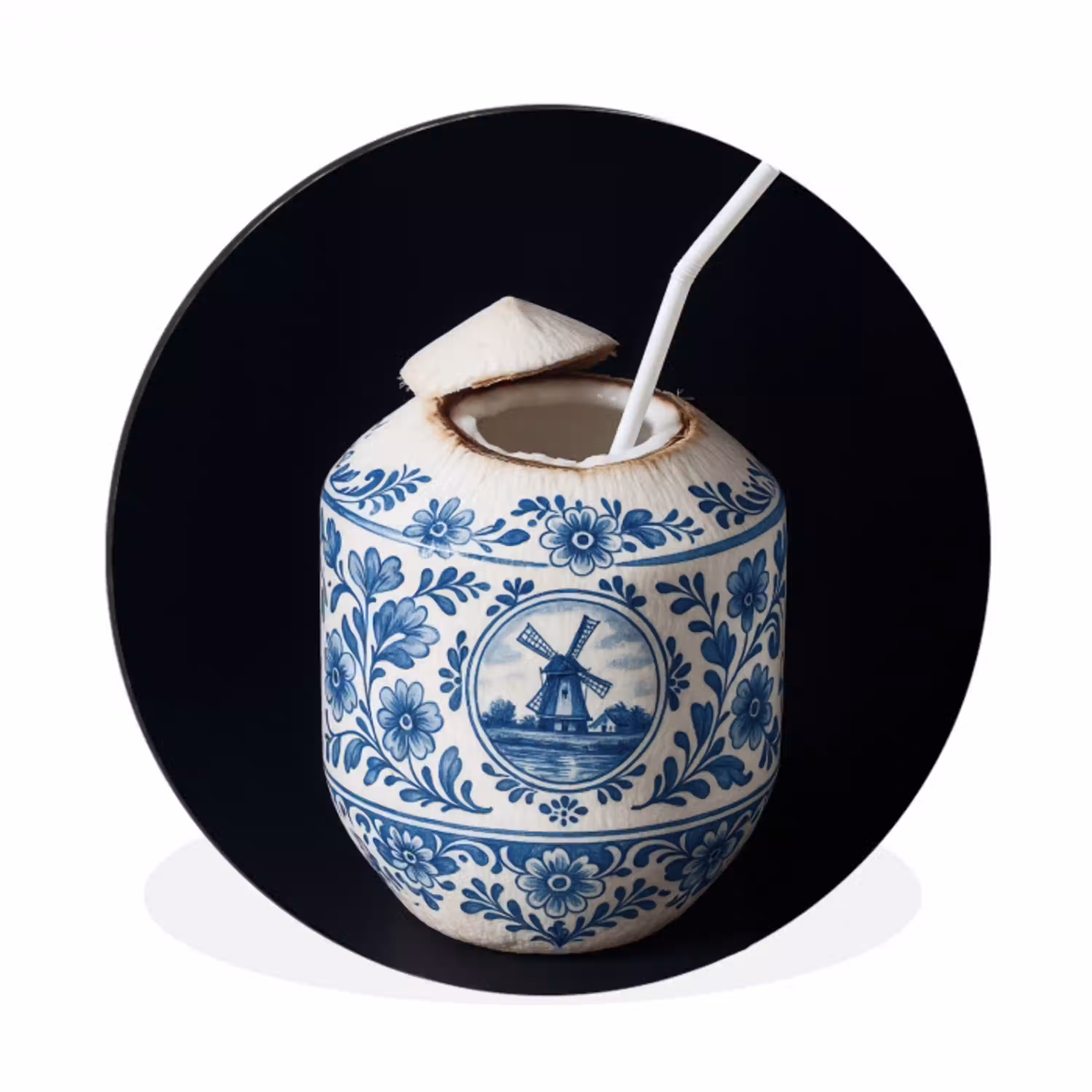 Kokosnoot - Eten - Delfts blauw - Drinken Wandcirkel aluminium klein -3d