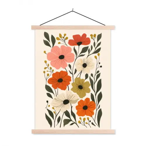 Veldbloemen - Stengels - Blaadjes - Groen textielposter latten blank klein -3d