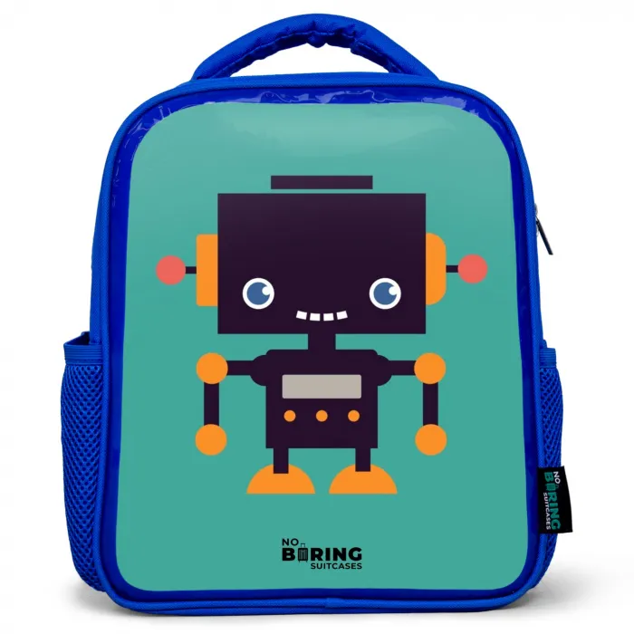 Zwarte robot met oranje accenten op een blauwe achtergrond Kinderrugzak - Blauw middel -3d