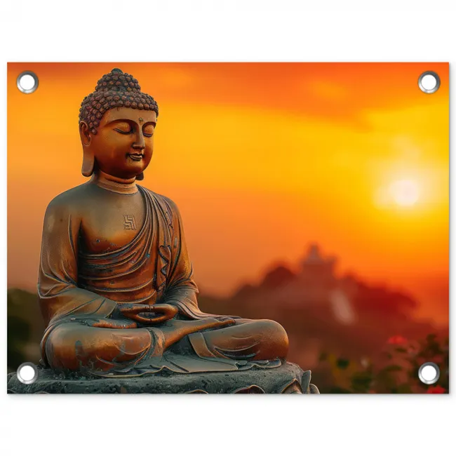 Mediterende Boeddha bij zonsondergang tuinposter los doek klein -3d