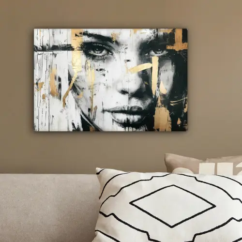 Portret - Vrouw - Penseelstreken - Goud canvas 2cm klein -sfeer3