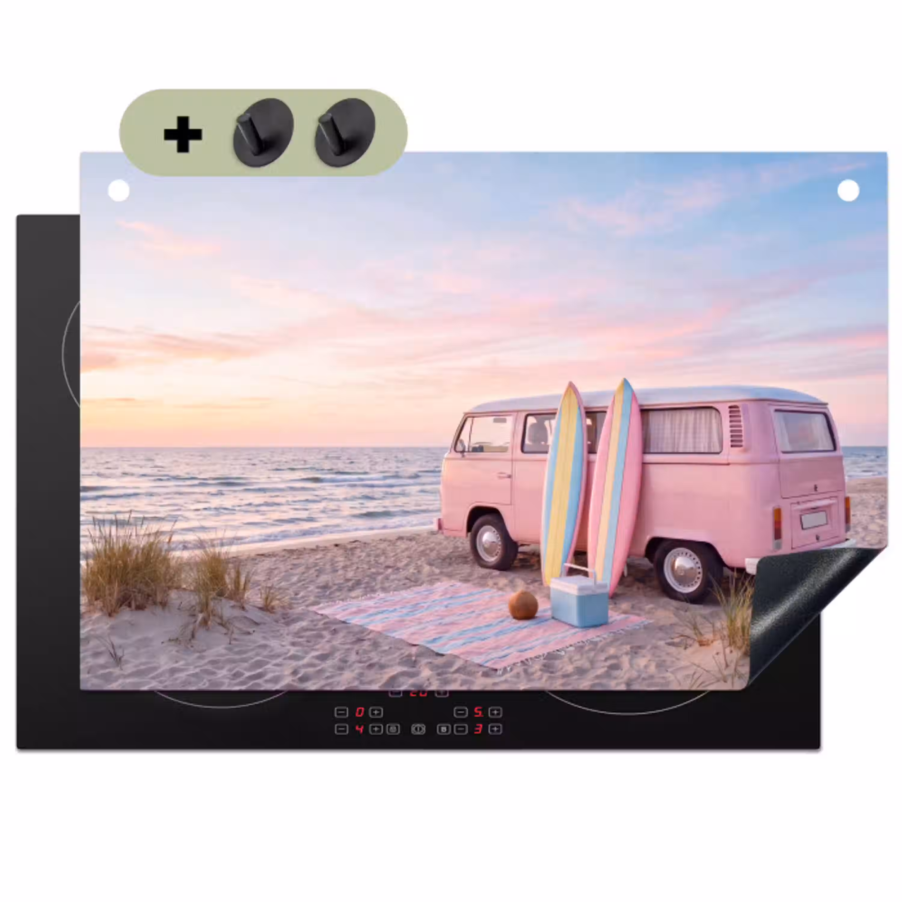 Busje - Strand - Surfplank - Zomer - Roze Inductie beschemer met haakjes klein -3d