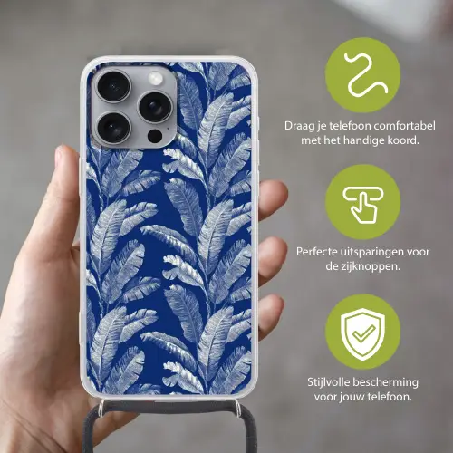 Blad - Palm - Blauw Hoesje iPhone 16 Pro Max met koord klein 804 -sfeer2_NL