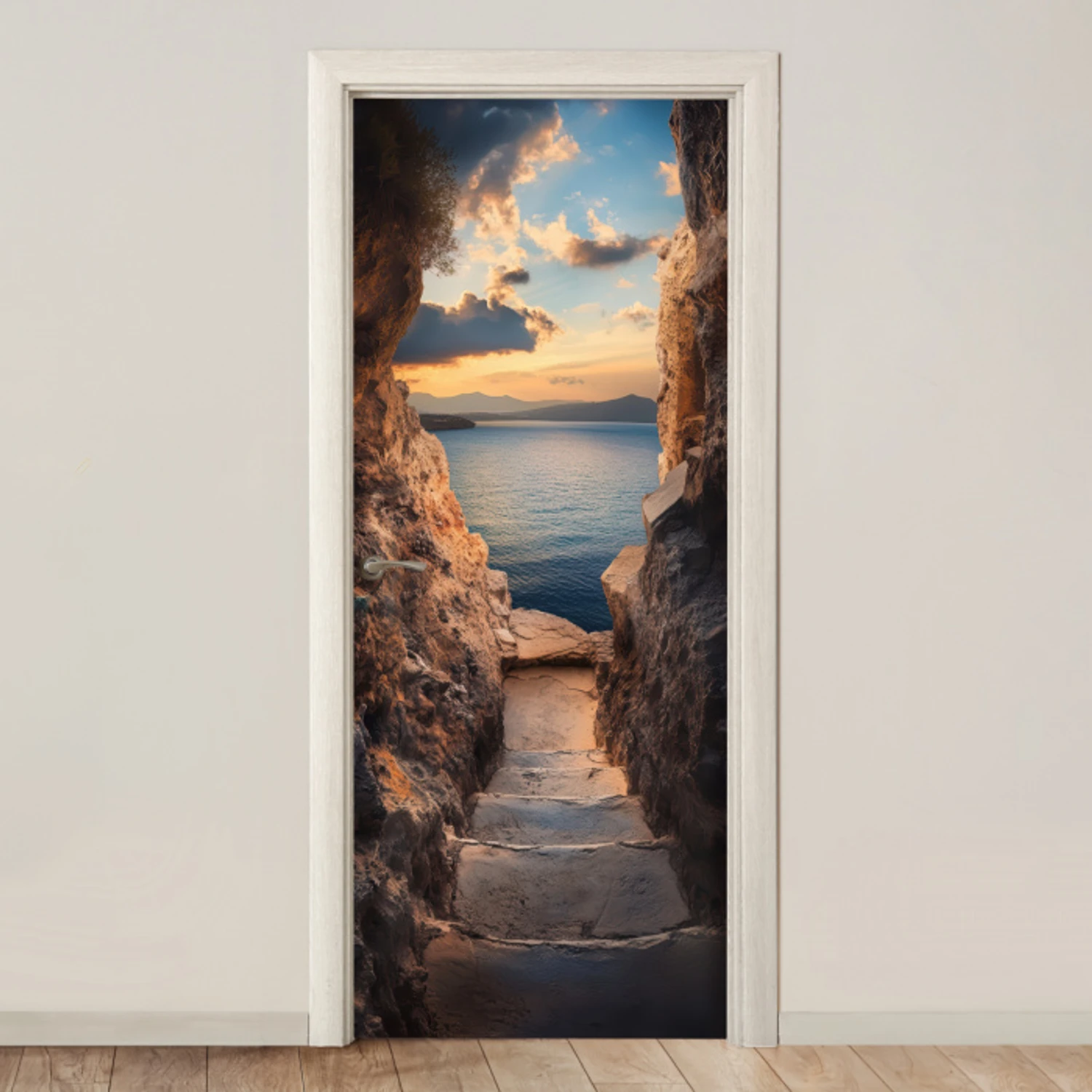 Doorkijk - Uitzicht - Landschap - Zee - Rotsen deurposter klein -3d_beige