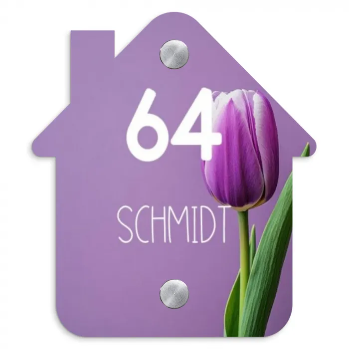 Paarse tulp - Modern Naambord Huisje klein -3d