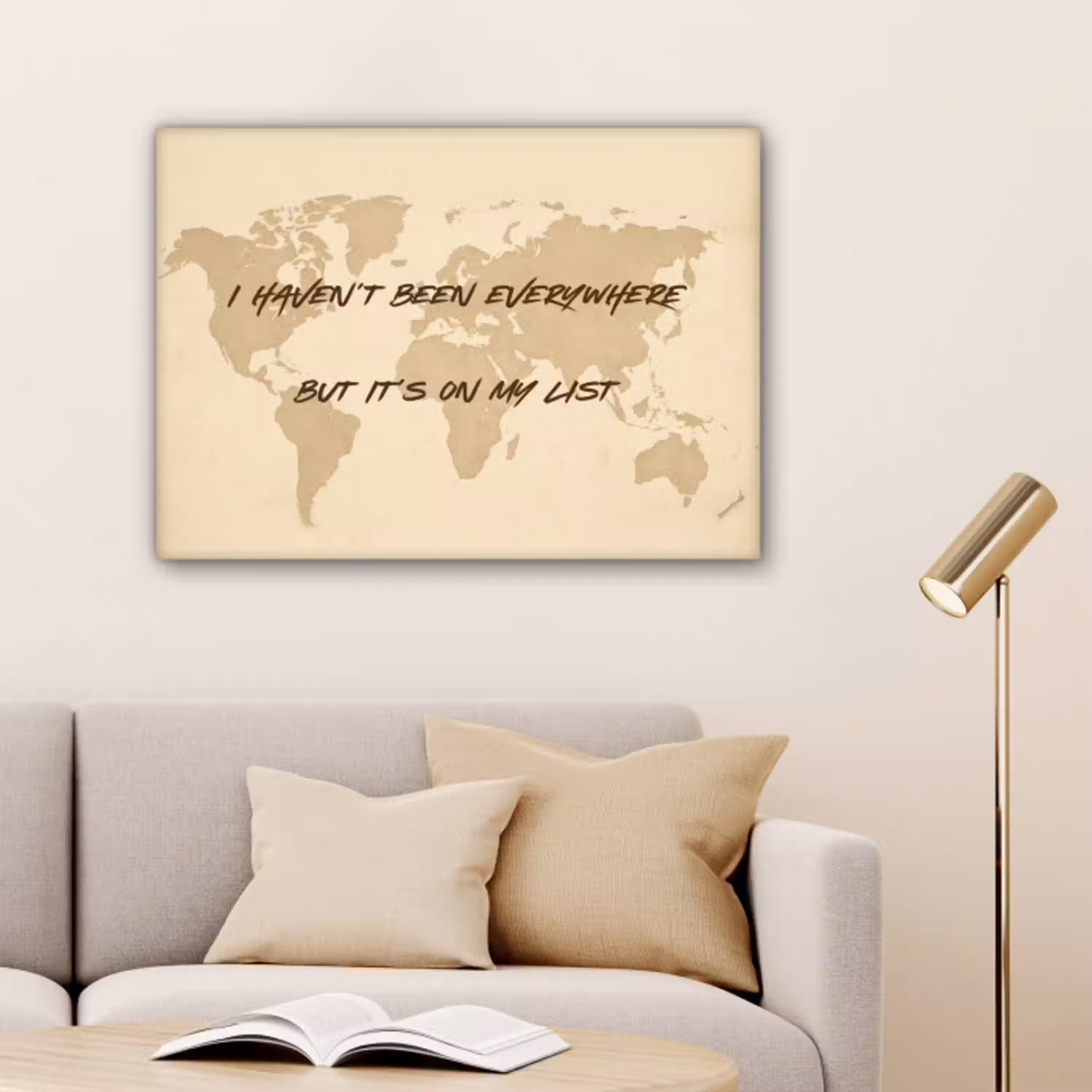 Beige - Wereldkaart - Quote - Handgeschreven canvas 2cm middel -sfeer5