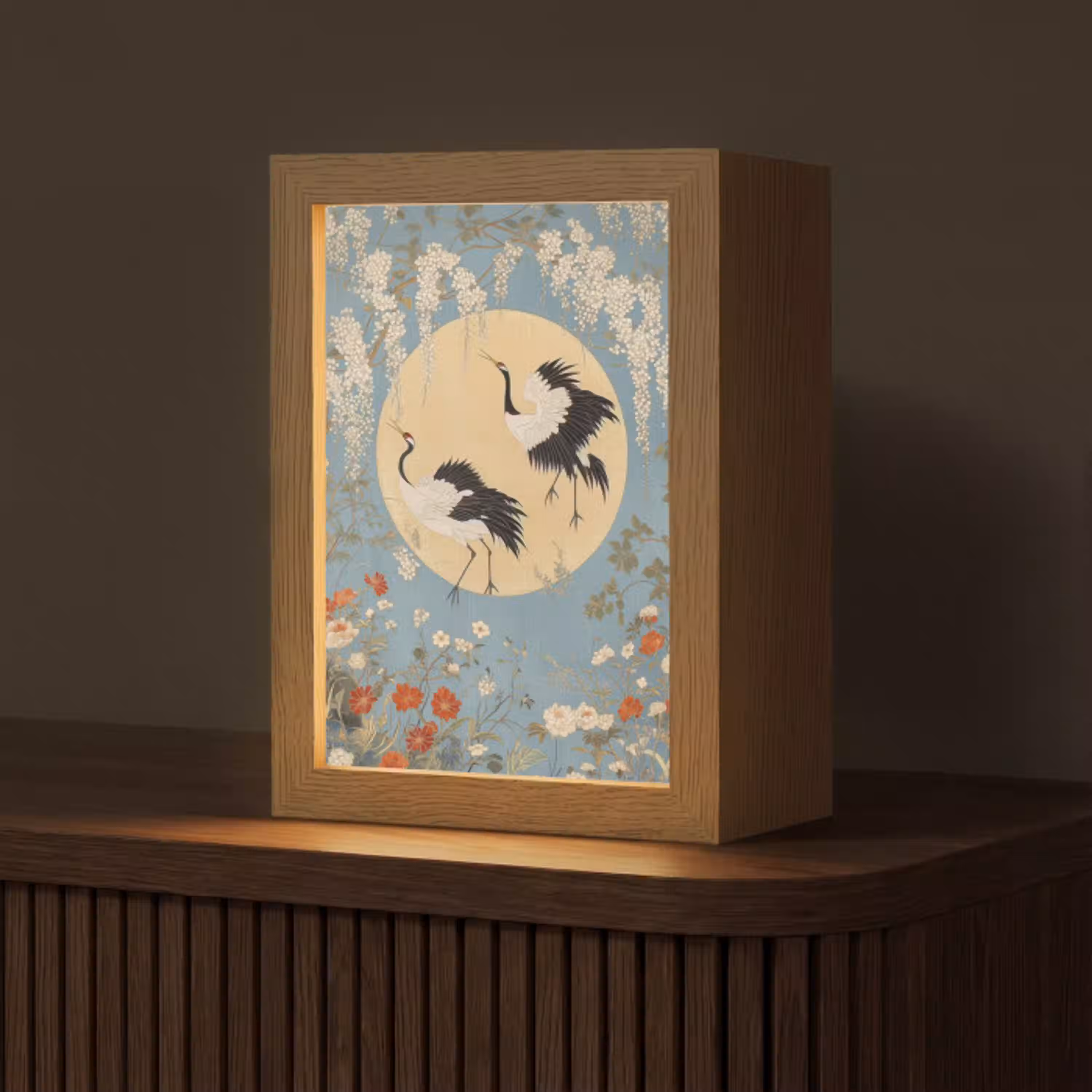 Kraanvogels - Maan - Bloemen - Blauw Light Box met kabel (Tafellamp) klein -z3d_website