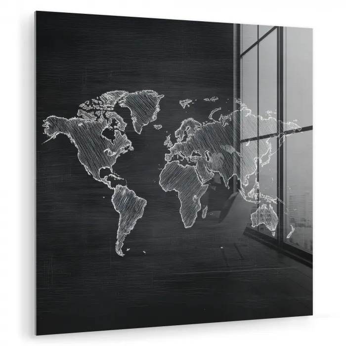 Wereldkaart - Krijt - Zwart - minimalistisch plexiglas 5mm klein -zzzproduct_nieuw