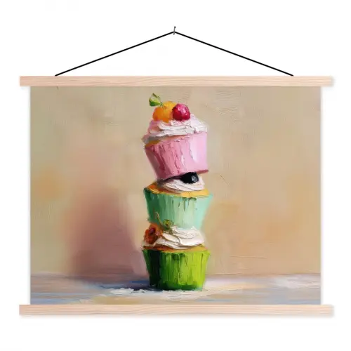 Cupcakes - Gestapeld - Kleurrijk - Fruit textielposter latten blank klein -3d
