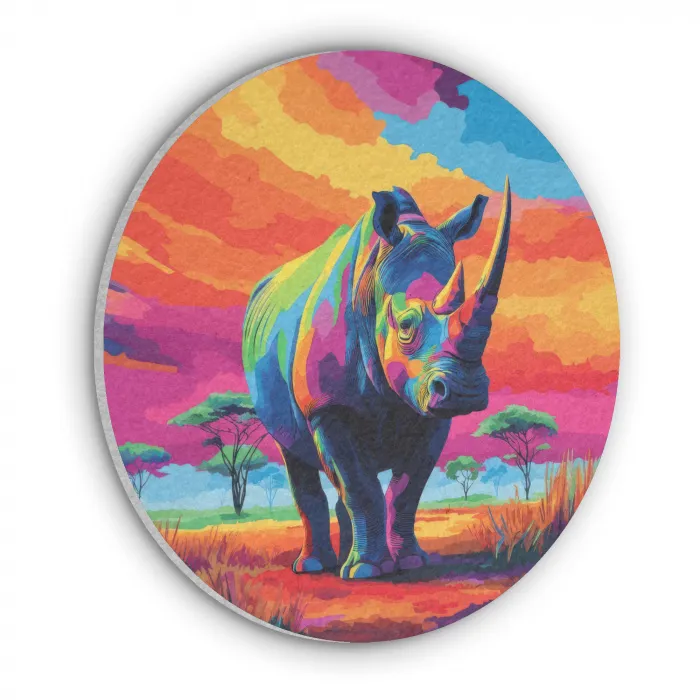Neushoorn - Zonsondergang - Savanna - Kleurrijk Akoestische PET Vilt - Rond klein -3d