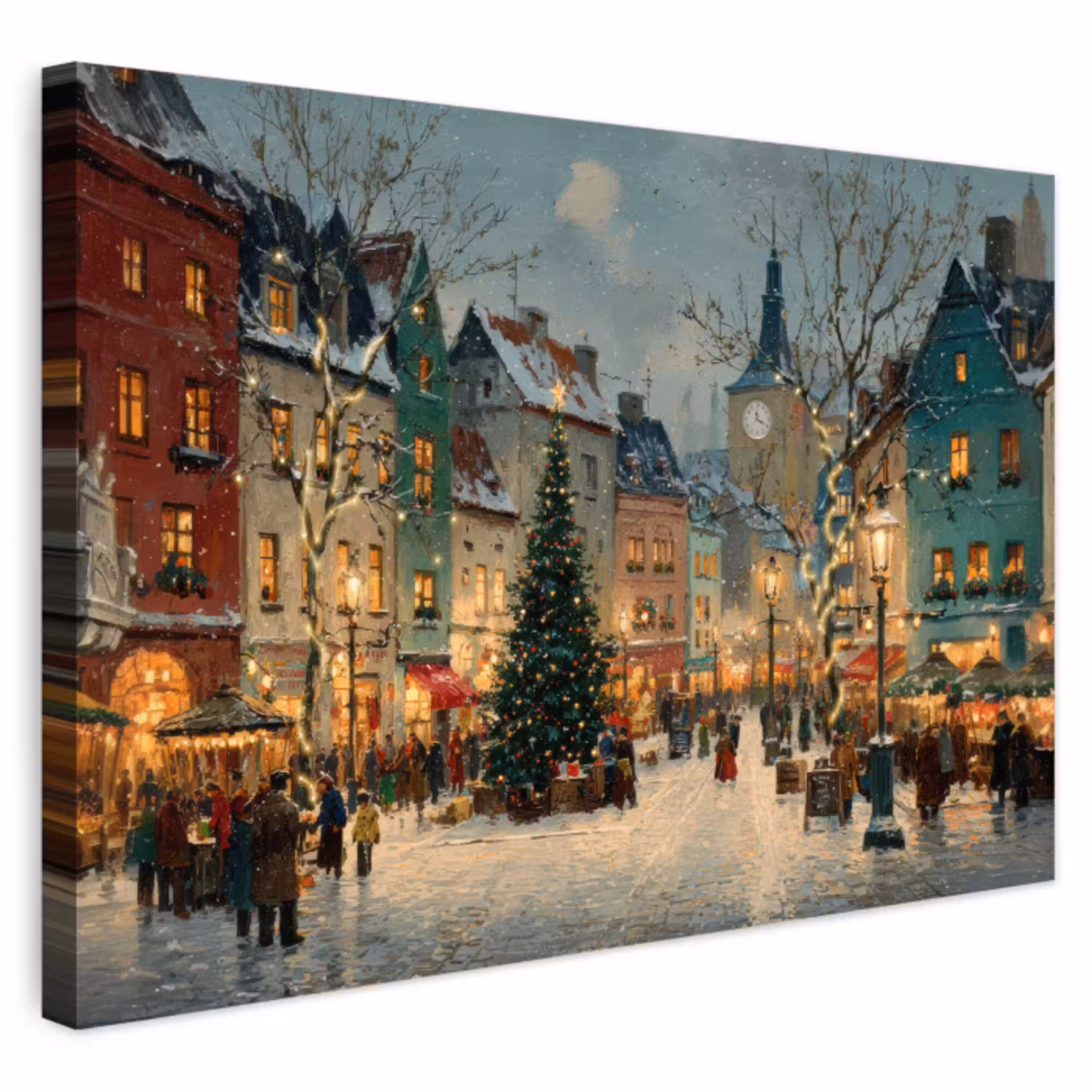 Kerstsfeer - Stadsplein - Kleurrijk Tuinposter op houten frame 2 cm dik klein -3d
