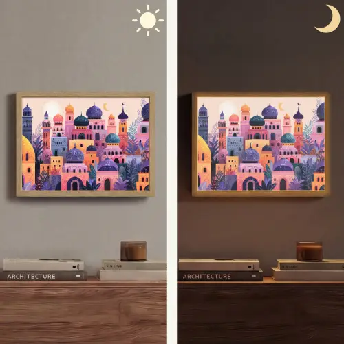 Kleurrijke stad - Zon - Islamitisch Light Box met batterij (Wandlamp) middel -sfeer3