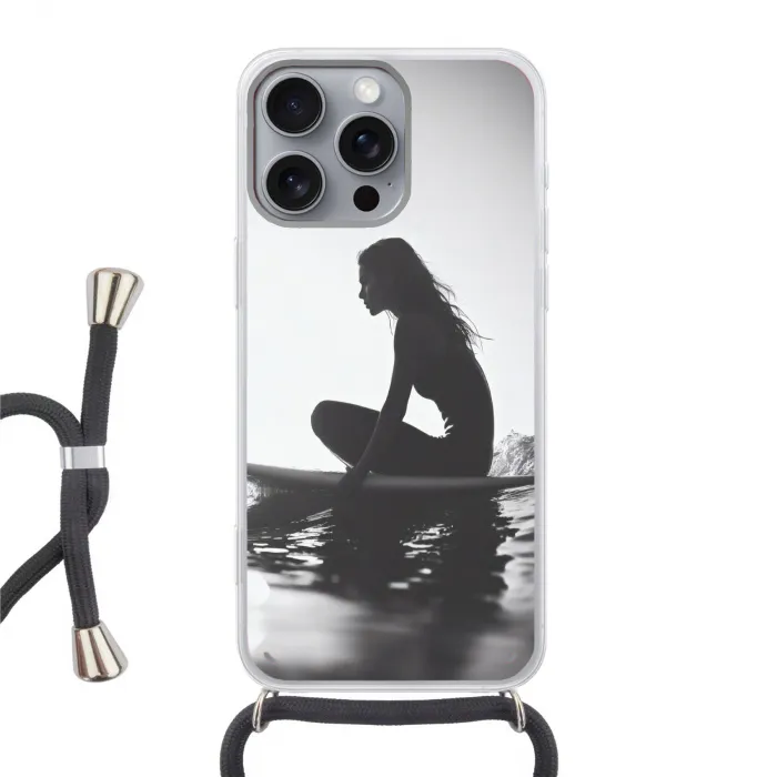 Silhouet - Vrouw - Surfplank - Water Hoesje iPhone 16 Pro Max met koord klein -3d
